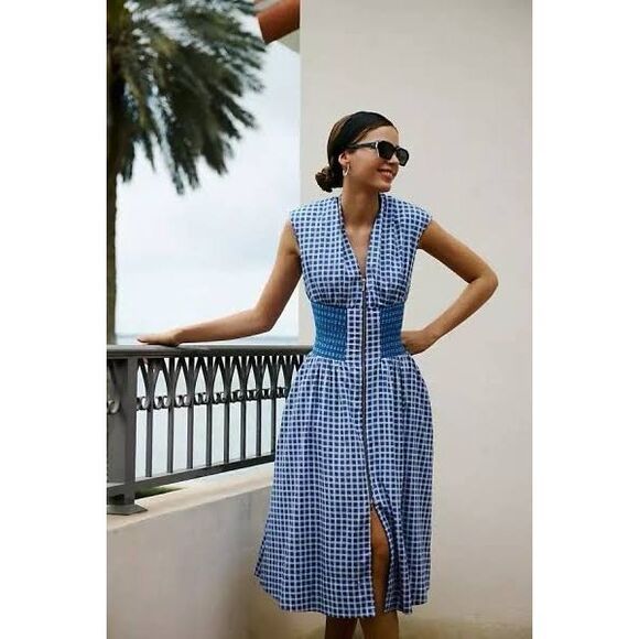 NWT Anthropologie The Tommie Dress Large Midi Smocked Front Zip Blue Gingham - Picture 1 of 8